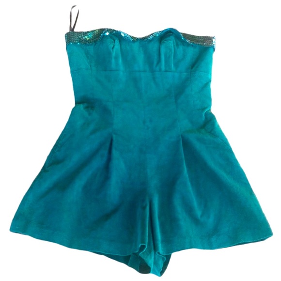 Betsey Johnson Velvet Teal Blue Strapless Sequined Romper - Picture 1 of 13